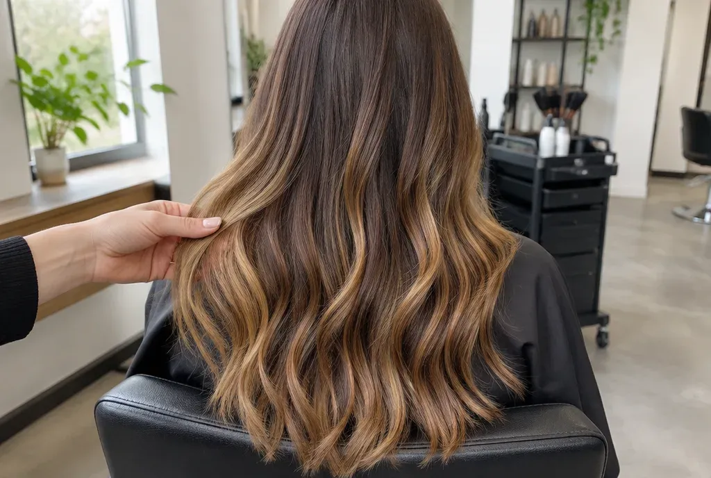 Lang bruin haar met een zachte karamelkleurige balayage, van achteren gezien in de kapsalon
